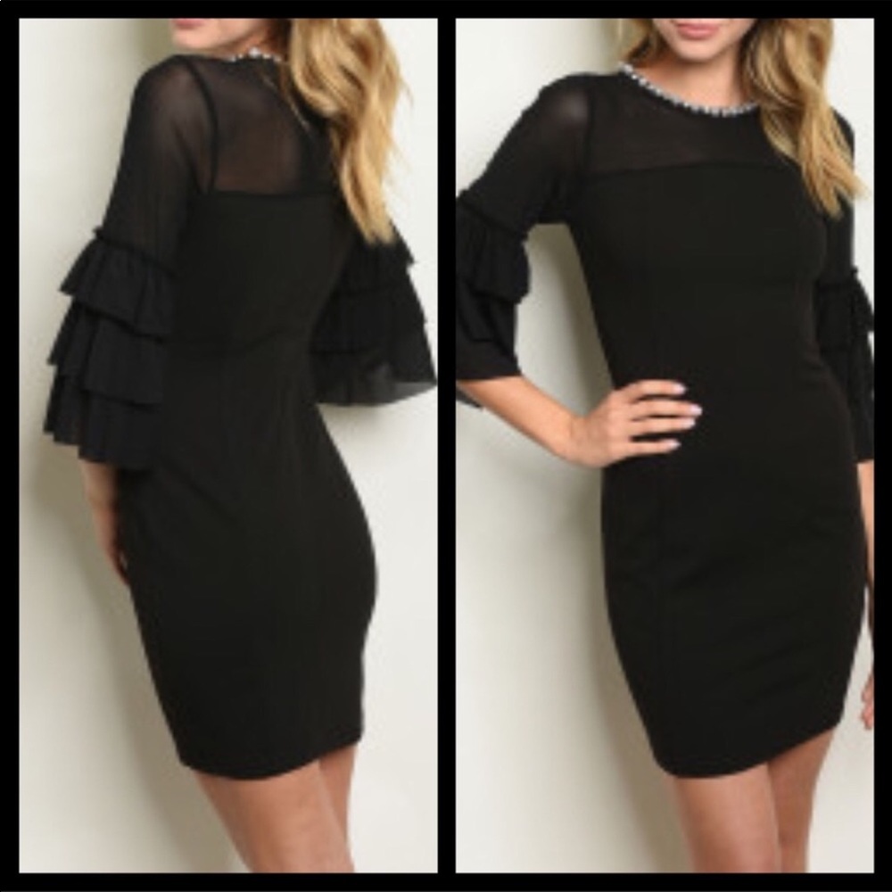 “SHEER ELEGANCE” PEARL COLLAR LITTLE‎ BLACK DRESS-SLIP-TUNIC NEW